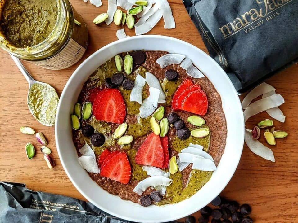 Chocolate chia pudding topped with pistachio butter